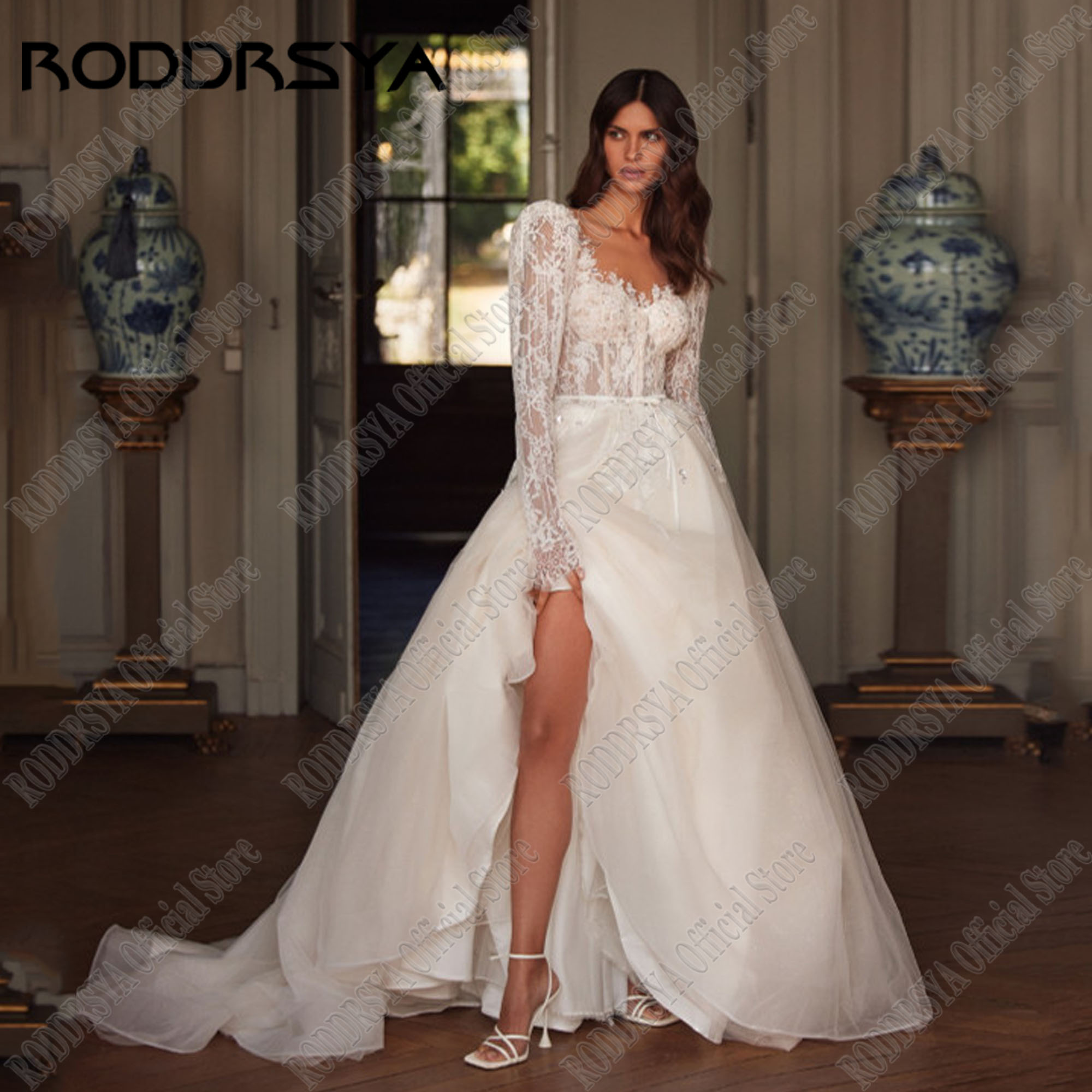 RODDRSYA Lace Wedding Dresses O Neck Long Sleeve Bride Gown Luxury A Line Tulle Bride Bridal Dress vestidos de novia Customized