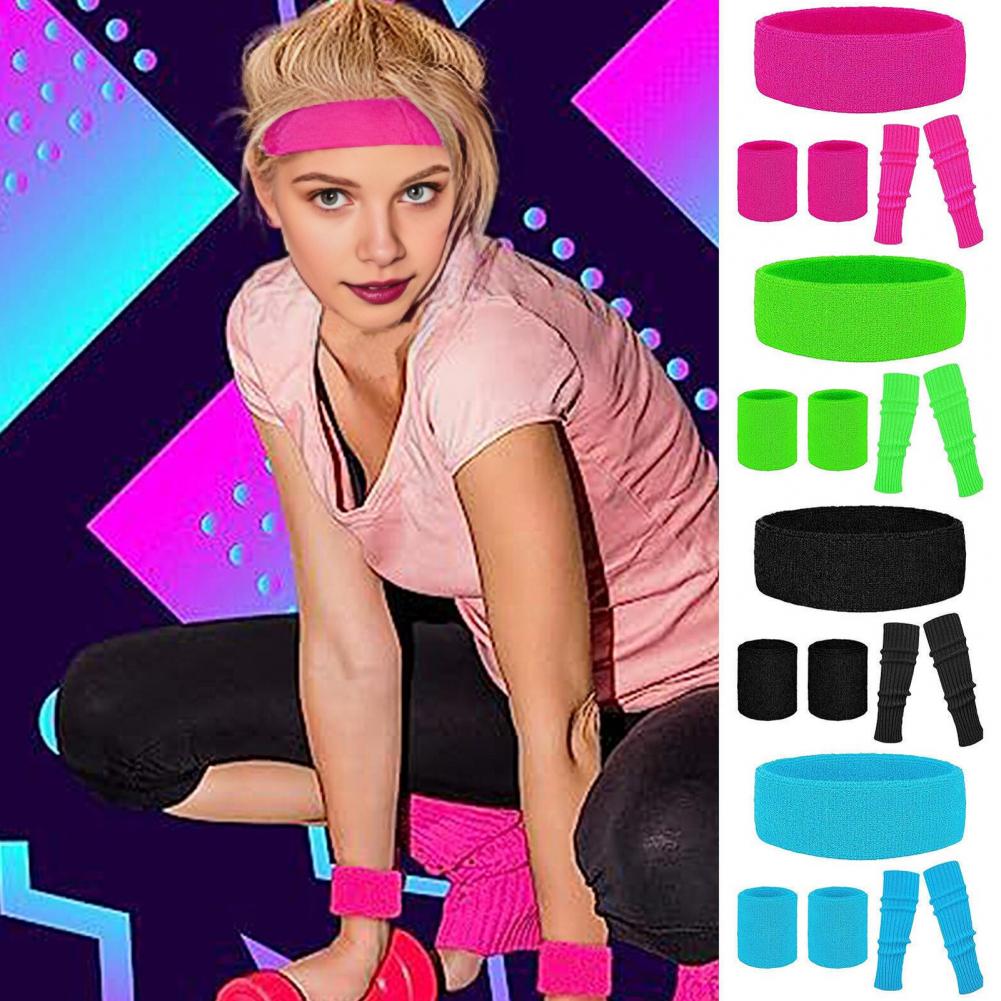 Retro 80s Wristband Retro 80s Party Dance Accessories Set with Knee Braces Headband Wristband Leg Warmers Elastic for Halloween