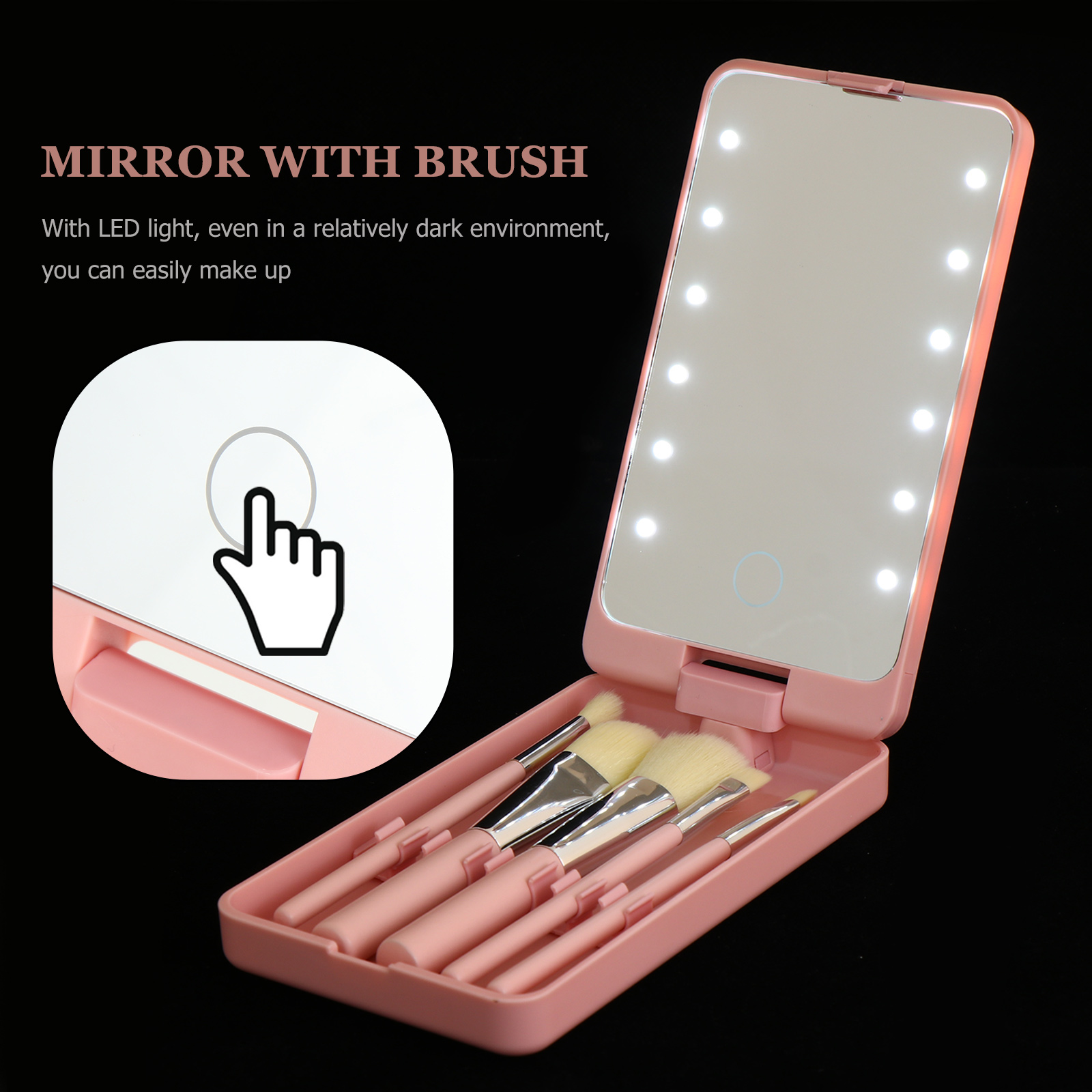 Portable Folding LED Makeup Mirror Set ABS Material Built-in Brushes Travel Vanity Compact Mirrors Women Girls Gift