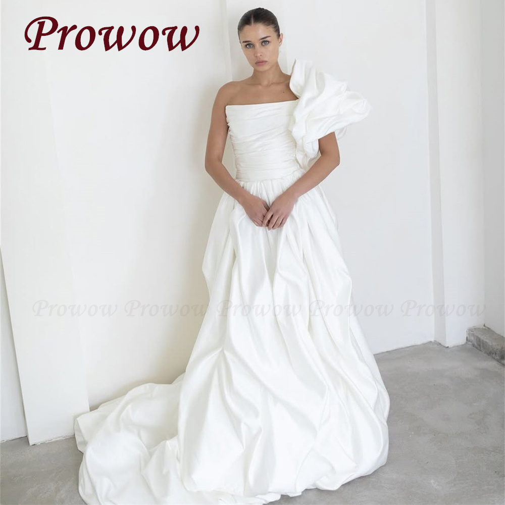 Prowow Elegant One Shoulder A Line Wedding Dresses Puffy Sleeve Draped Soft Satin Bridal Gown Customized Lace-up Photos Shoot