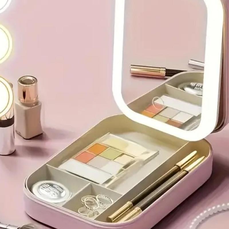Foldable Pink Leather LED Makeup Mirror Box, USB Rechargeable Travel Organizer, Compact & Portable Design