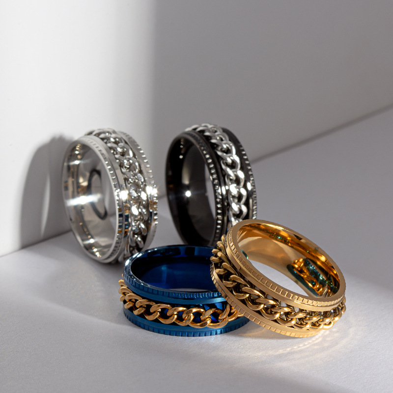 Titanium Steel Rotatable Chain Rings for Women Men Spinner Ring Decompression Multifunctional Chain Ring Bottle Opener Ring Gift