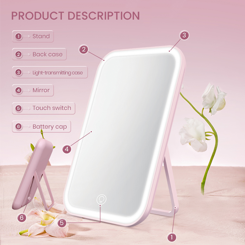 Cute Desktop Makeup Mirror with Light, LED Large-sized Vanity Mirror, Foldable and Portable Makeup Mirror