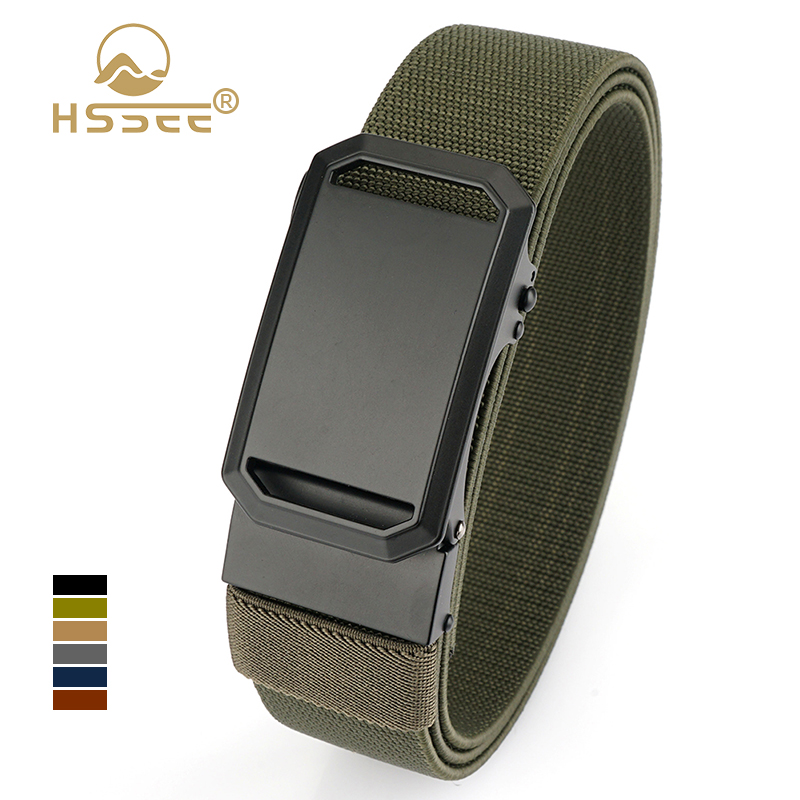 HSSEE New 3.4cm Stretch Belt for Male Matte Black Automatic Buckle Casual Belt Tight Nylon Elastic Belt Men's Work Girdle