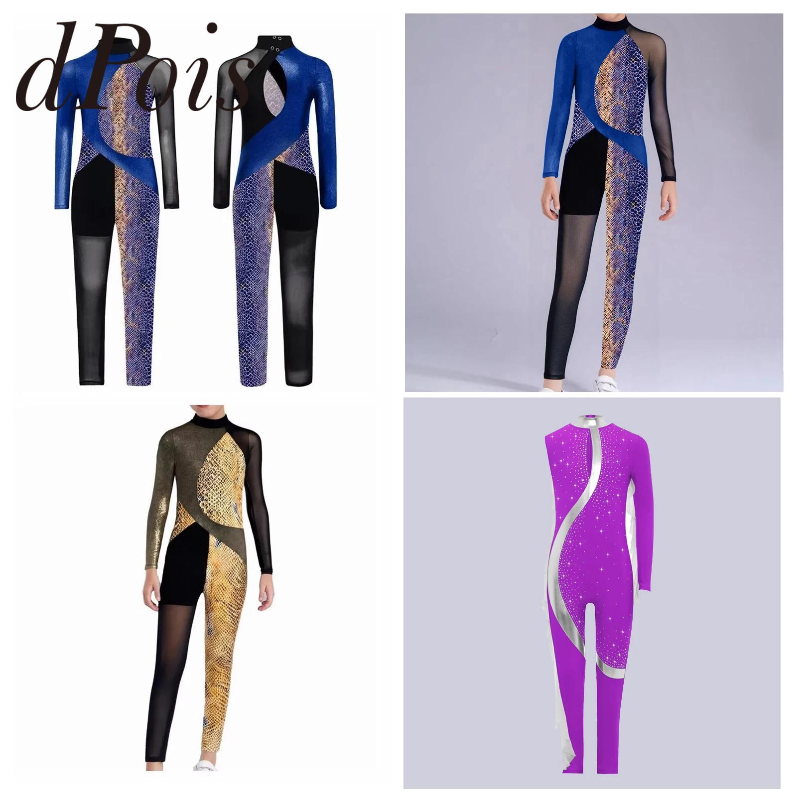 Kids Rhythmic Gymnastics Bodysuit For Girls Jumpsuit Skating Tights Asymmetrical Long Sleeve Full Body Ballet Dance Leotard