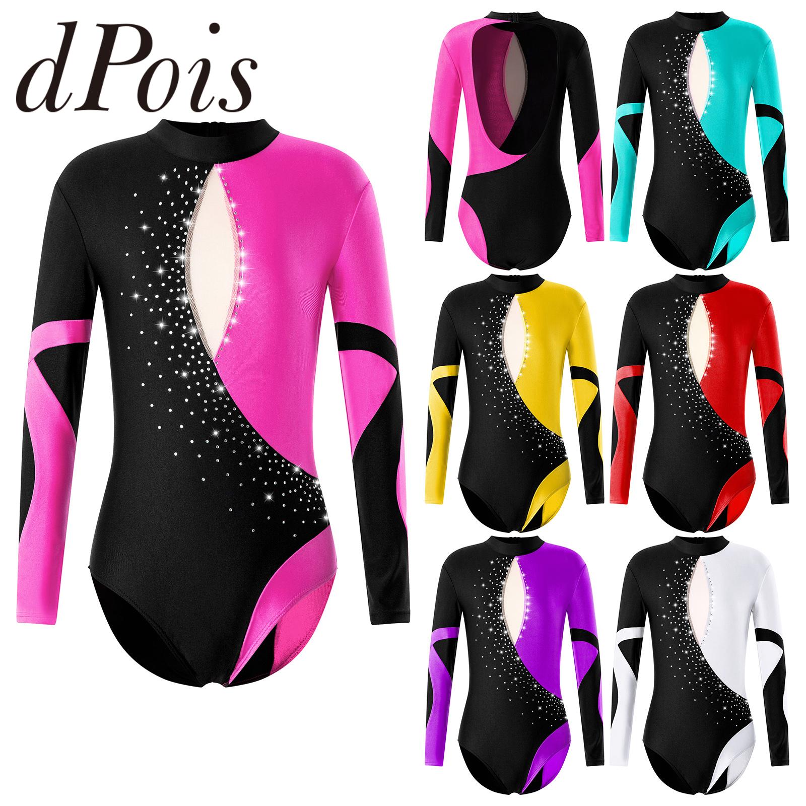 Children Gymnastics Leotard for Girls Open Back Long Sleeve Shiny Rhinestone Ballet Dance Leotards Kids Figure Skating Jumpsuit