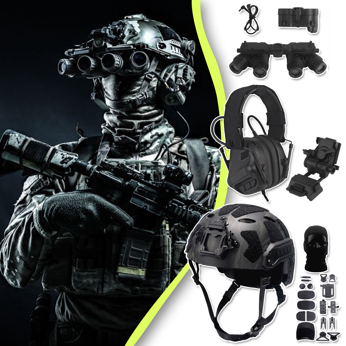 Tactical Helmet Set with Pickup Noise Reduction Headphones Night Vision Model NVG Bracket for Outdoor Hunting Shooting Role Play
