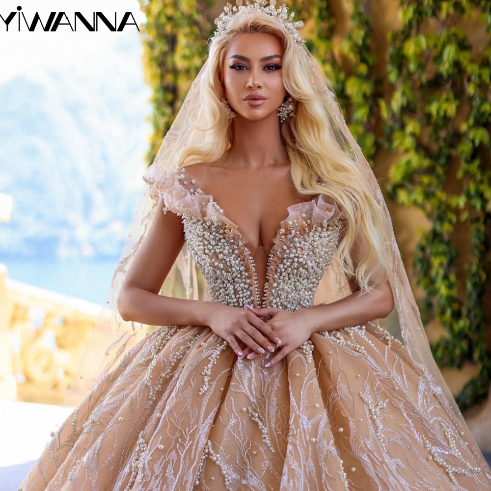 Champagne Luxurious Pearls Wedding Dress Sequined Off The Shoulder Bridal Gown Customized V-neck Ball Gowns Dresses For Bride