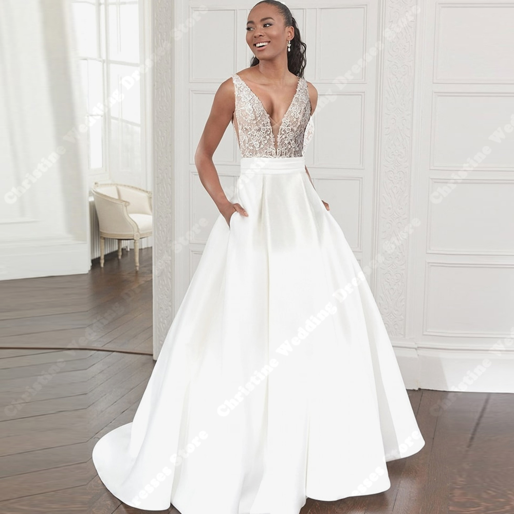 Sexy Deep-V Neck Women Wedding Dresses Elegant A-Line Bridal Gowns Mopping Length Vestidos De Novia Estilo Boho Chic Customized