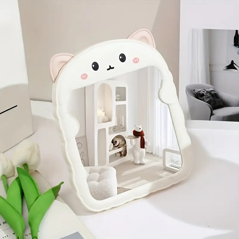 Foldable Cat-Ear Makeup Mirror | Cute Animal Design | Multi-Color Options | No Power Needed | Bedroom Decor & Daily Use