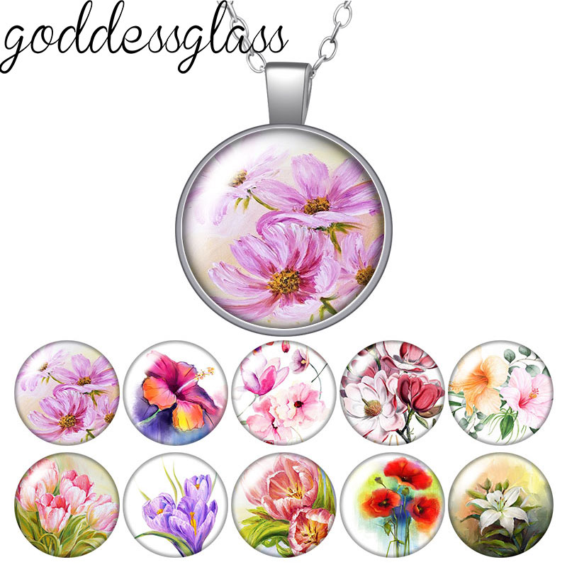 New Beauty Drawing Flowers Photo Round Glass cabochon necklace keychain brooch pin Aromatherapy car clips Custom jewelry