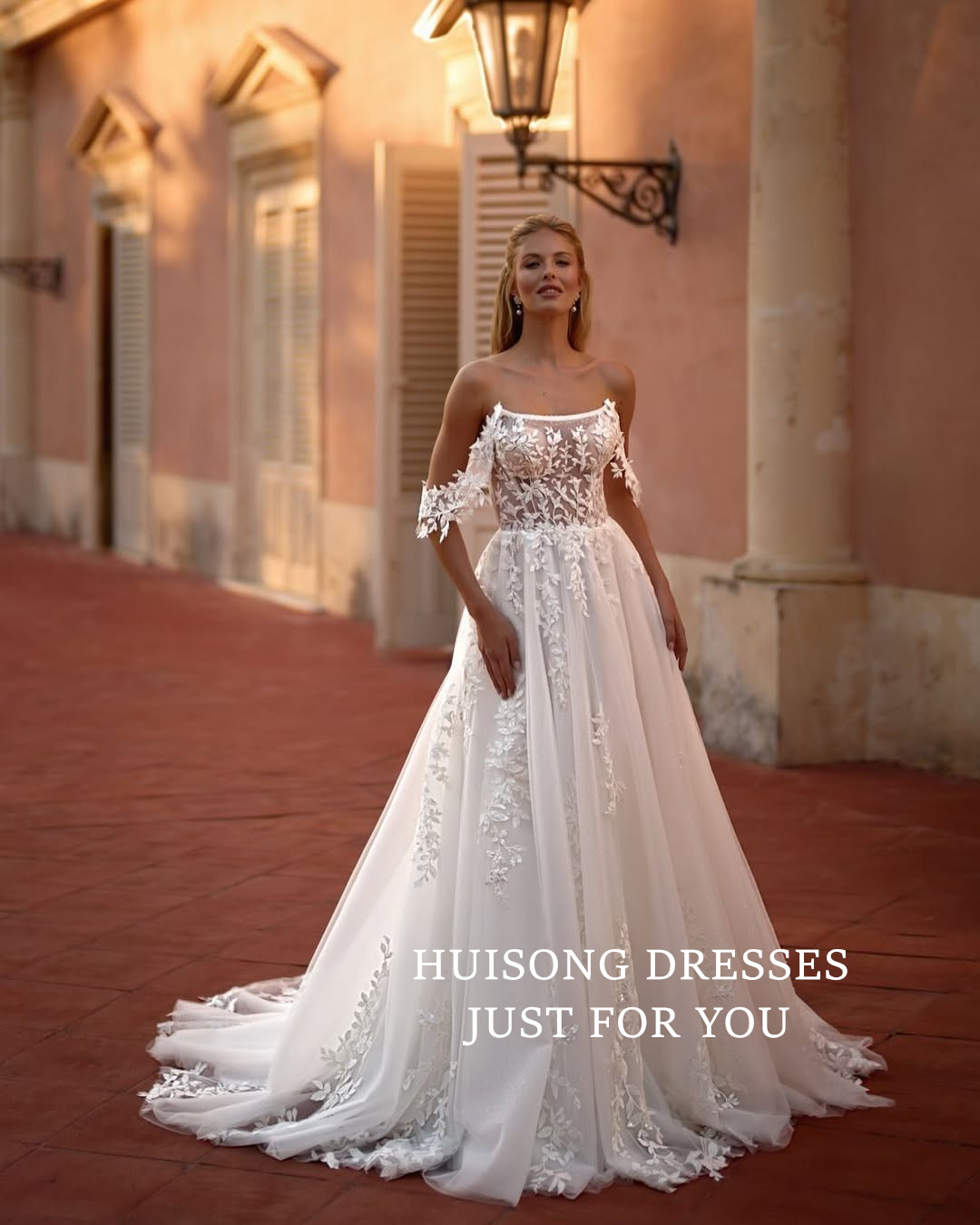 HUISONG Customized Vestidos De Novia Off the Shoulder Boho Wedding Dresses Lace Appliques Princess Wedding Dress A-Line Beach