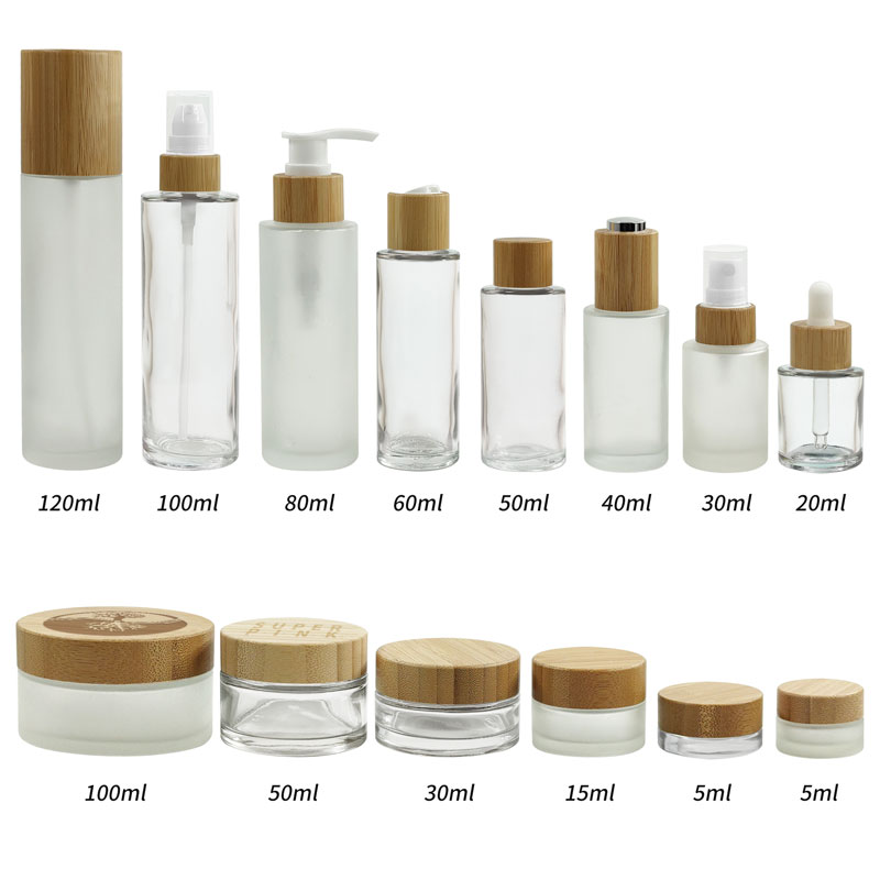 Clear glass bottle bamboo with lotion spray cap ccosmetics cream jar Glass Skin care Packaging Low Container With Lid Cosmetic