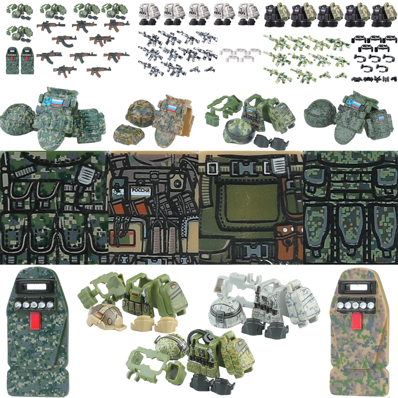City Police Russia Commando Special Forces Figures Building Blocks Green Combat Uniform Shield Army Soldier Military Weapon Toys