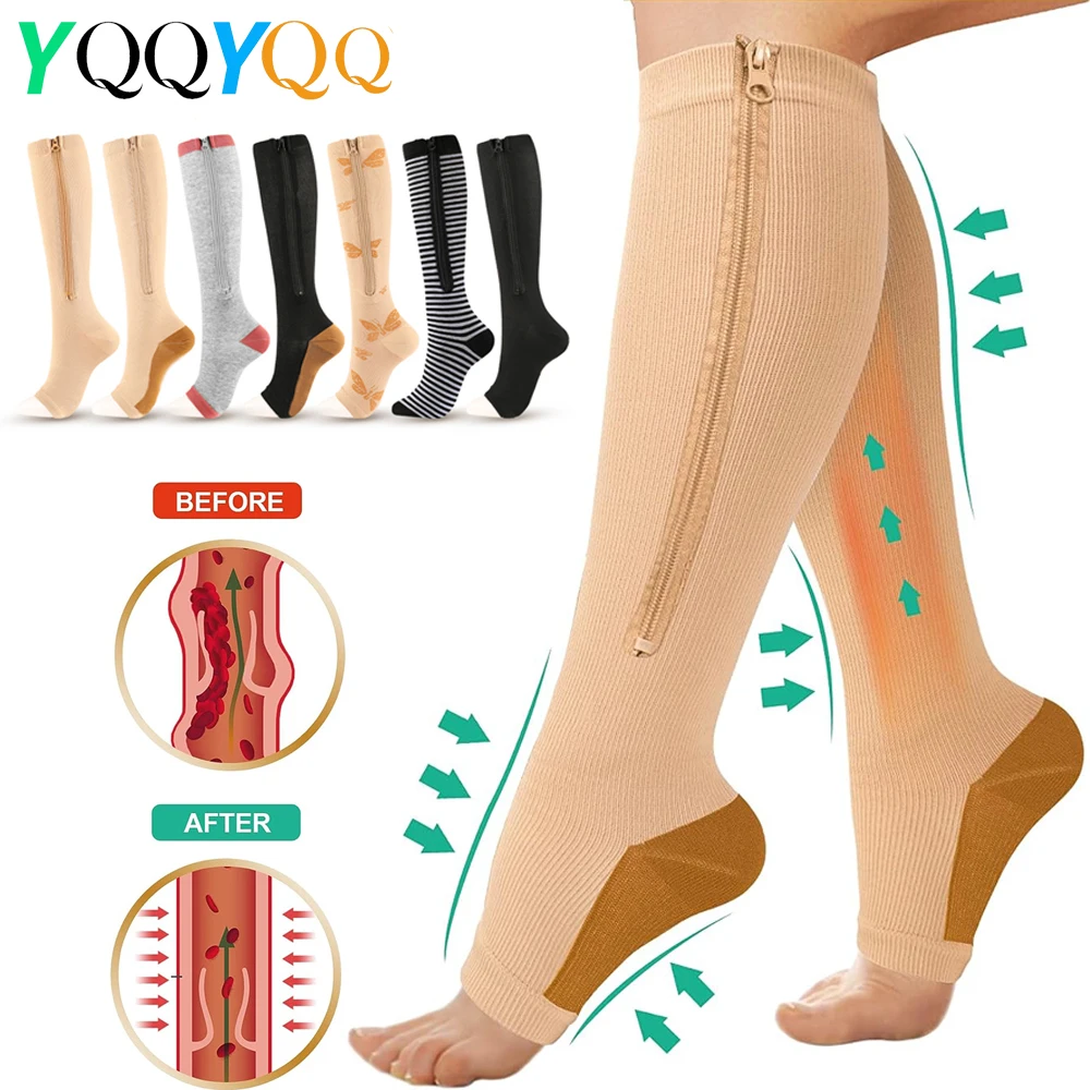1Pair Zipper Compression Socks Women & Men - 2Pairs Calf Knee High 15-20mmHg Open Toe Compression Stocking suit for Walking