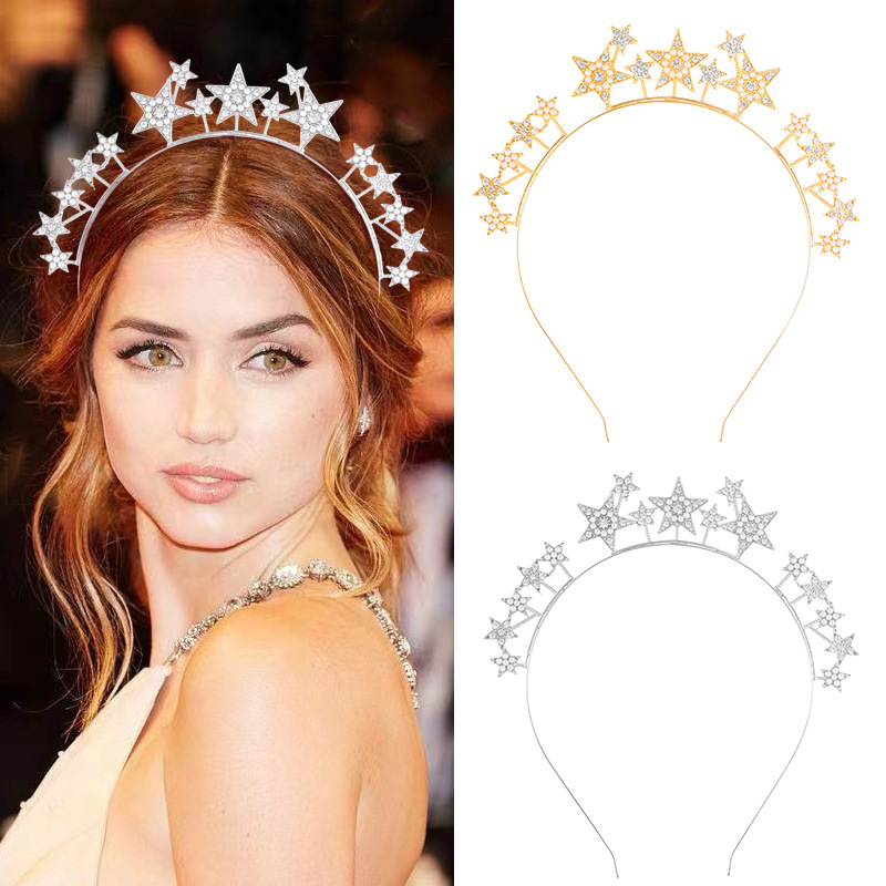 Zinc Alloy Rhinestone Star Headband with Diamond Pentagram European American Party Festival Celebration Hair Accessories Fashion