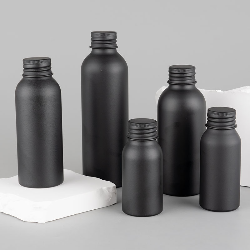 40-200ml Matte Black Aluminum Bottle Black Silver Screw Lid 1pcs Scrub Aluminium Black Bottles Cosmetic Container