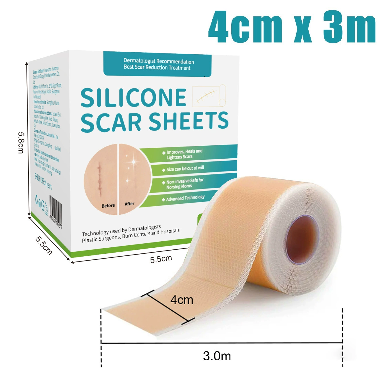 1 Roll = 4cm x 3m Silicone Scar Sheets Self-Adhesive Scar Cover Tape Reusable and Effective Skin Care Strips