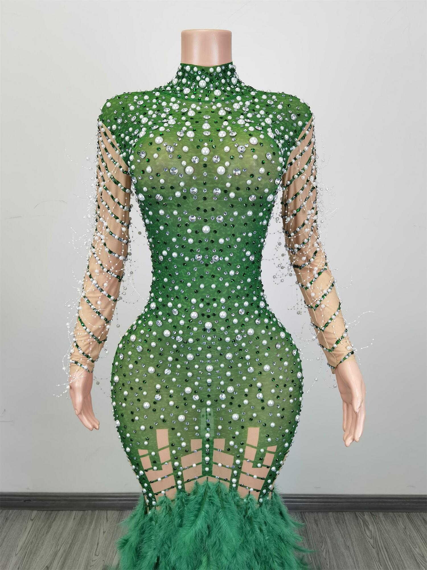 New Rhinestone Pearl Transparent Feather Train Long Skirt Evening Birthday Celebrate Costume Women Dancer Show Dress Liantiyumao