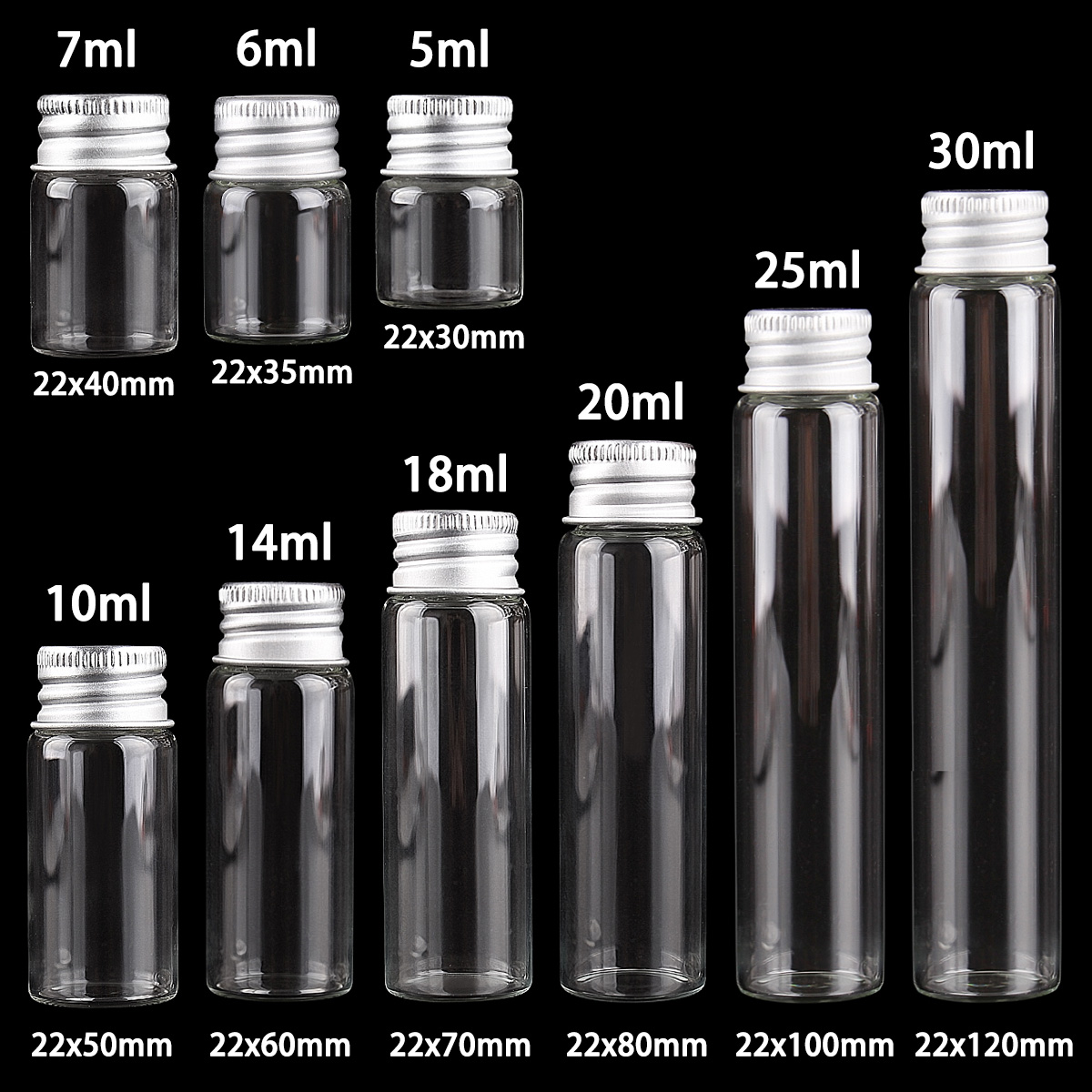 10 pieces/lot 5ml/6ml/7ml/10ml/14ml/18ml/20ml/25ml/30ml Glass Bottles with Aluminum Lids Small Mini Glass Jars Empty Containers