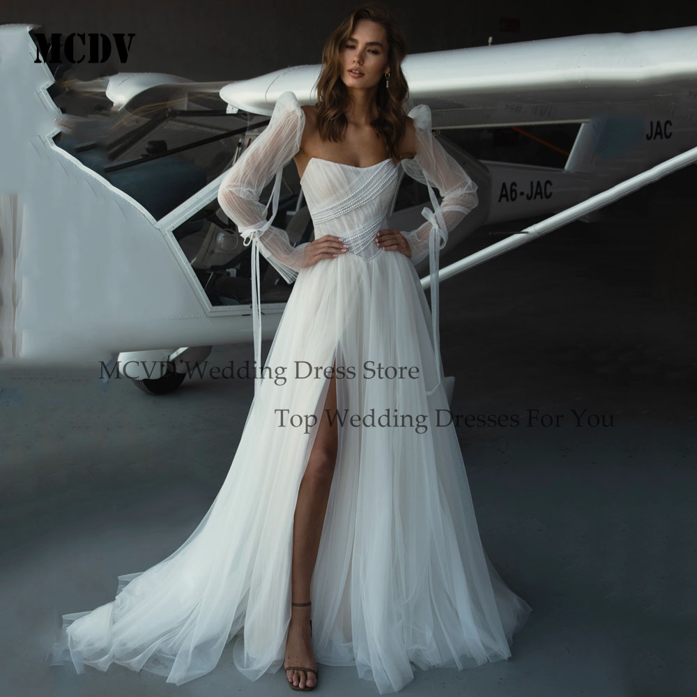 MCDV Customized Gorgeous Beaded Tulle Wedding Dress Long Sleeve Side Split vestidos de novia Strapless Bride Gowns Customized