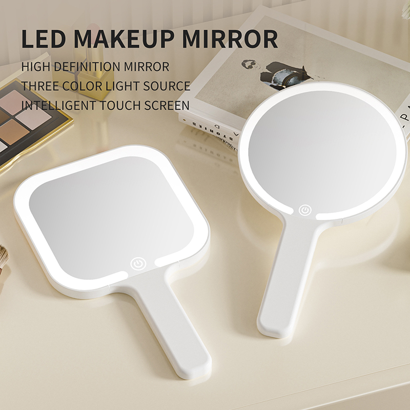 Intelligent Touch Control Three-colour LED Light Handheld Makeup Mirror Portable High Definition Cosmetic Mirror Type-c Charging