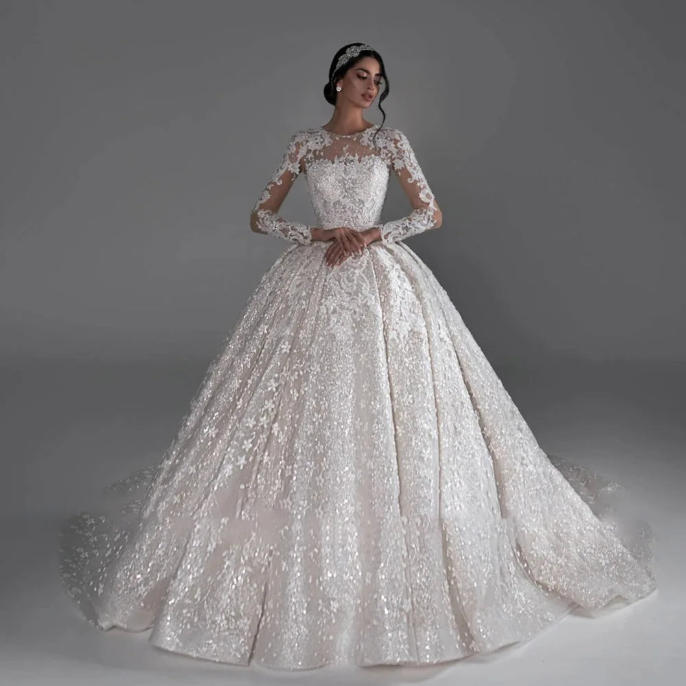  Luxury Royal Ball Gown Wedding Dresses O-Neck Long Sleeve Lace Appliques Dress Tailor Made High Quality Women Dress