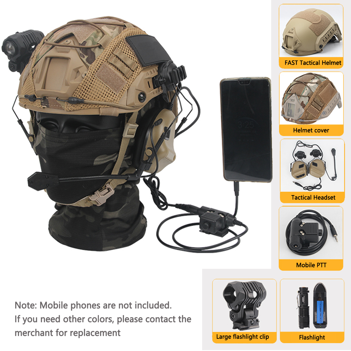 Tactical Headset Helmet Set Comes With Mobile Phone PTT & Walkie-talkie & Flashlight For Airsoft Paintball Shooting, Hunting