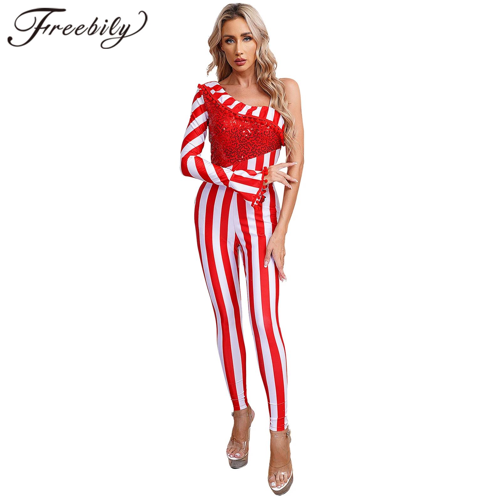 Womens Shiny Sequins Ballet Dance Gymnastics Leotard Adult Christmas Candy Cane Bodysuit Xmas New Year Party Performance Costume