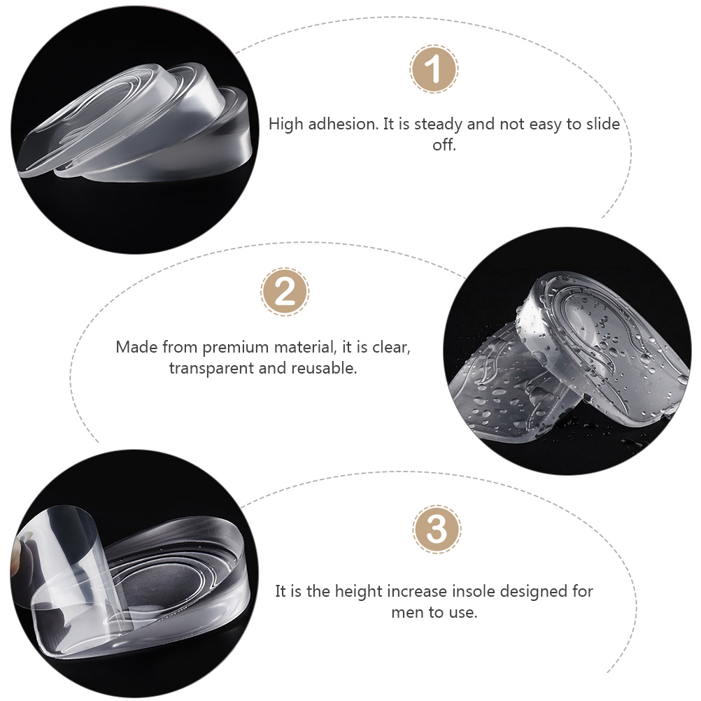 2 Pairs Heightening Insoles Lift Heel Pad Inserts Cushion Invisible Gel Increase Men Premium Material Clear Reusable Steady Non
