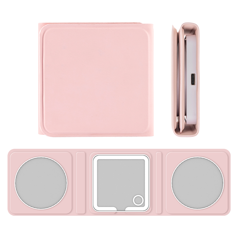 MINI Trifold LED Makeup Mirror with Touch Dimming 5X/10X Magnified &amp; Rechargeable - Compact PU Leather Travel Home Vanity Mirror