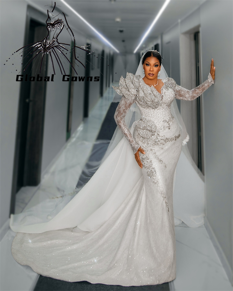 Elegant White Lace Wedding Dresses For Bride Sequin Formal Gown Full Sleeve Detachable Train Special Occasion Dresses Customized