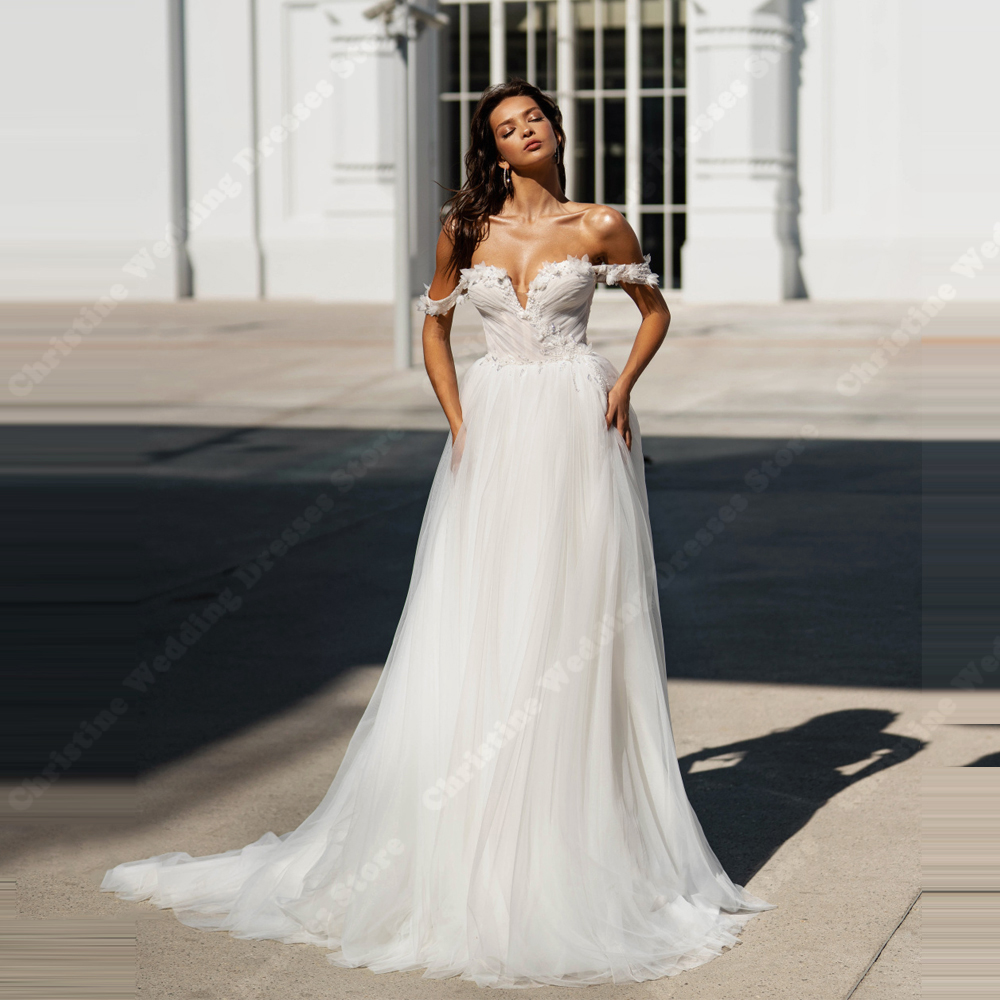 Off The Shoulder Women Wedding Dresses Sexy Lace Print A-Line Bridal Gowns Mopping Length Banquet Vestidos De Novias Customized