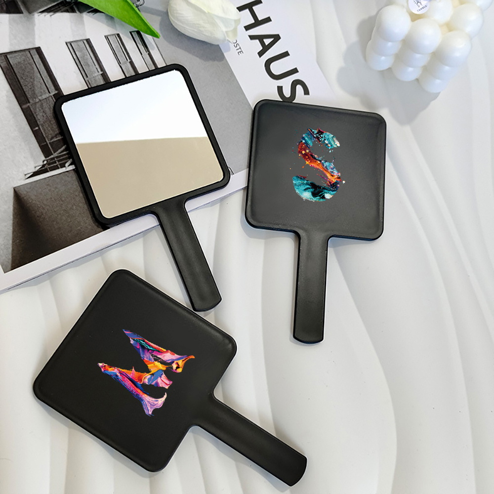 1pc Handheld Makeup Mirror Square Portable Dual-Use Stylish Paint Pattern Women's Daily Essential Initial Name 26 Letter Pattern