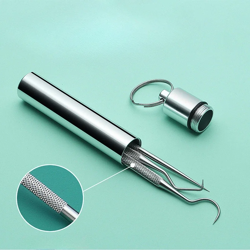 Dental Tools Portable Stainless Steel Toothpick Flossing Set Tooth Reusable Mini Oral Care Teeth Cleaning Tools Key Chian Kit
