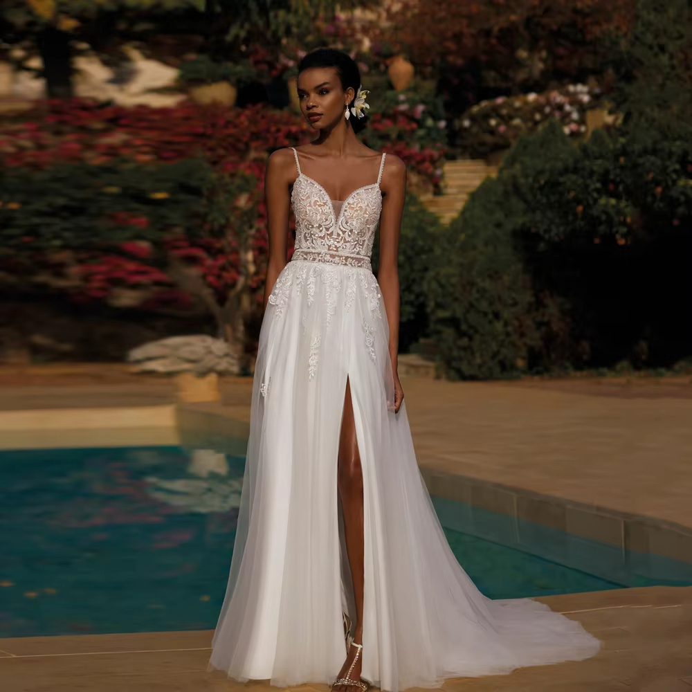 Sweetheart Collar Sleeveless Women Wedding Dresses Sexy Lace Flower Printing Bridal Gowns Princess Engagement Banquet Customized