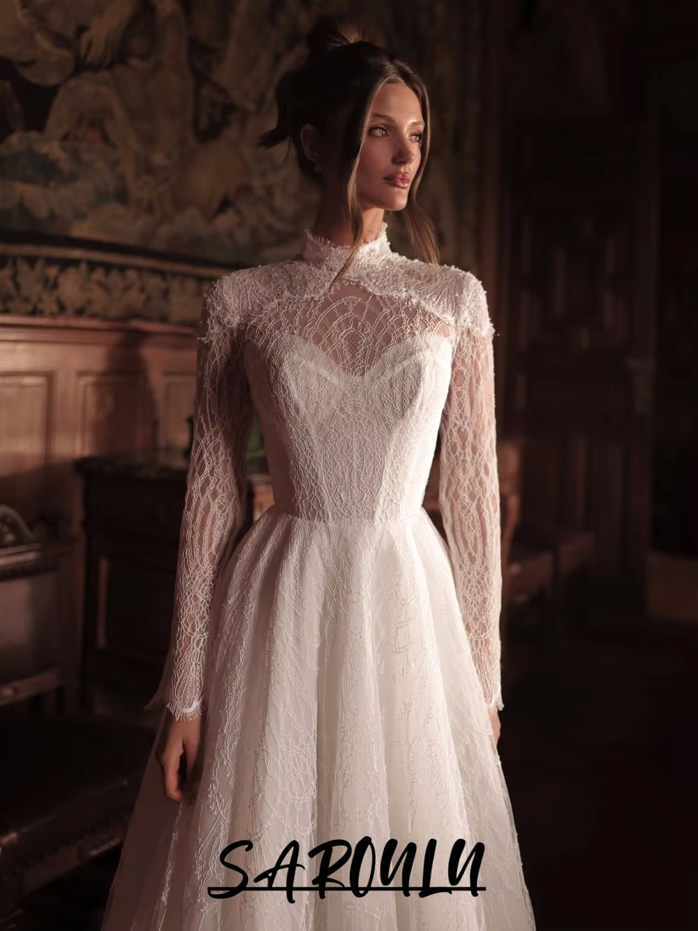 Delicate Fully Lace High Neck Modest Wedding Dress Elegant A Line Princess Bride Wear Customized Long Plus Size Bridal Gown