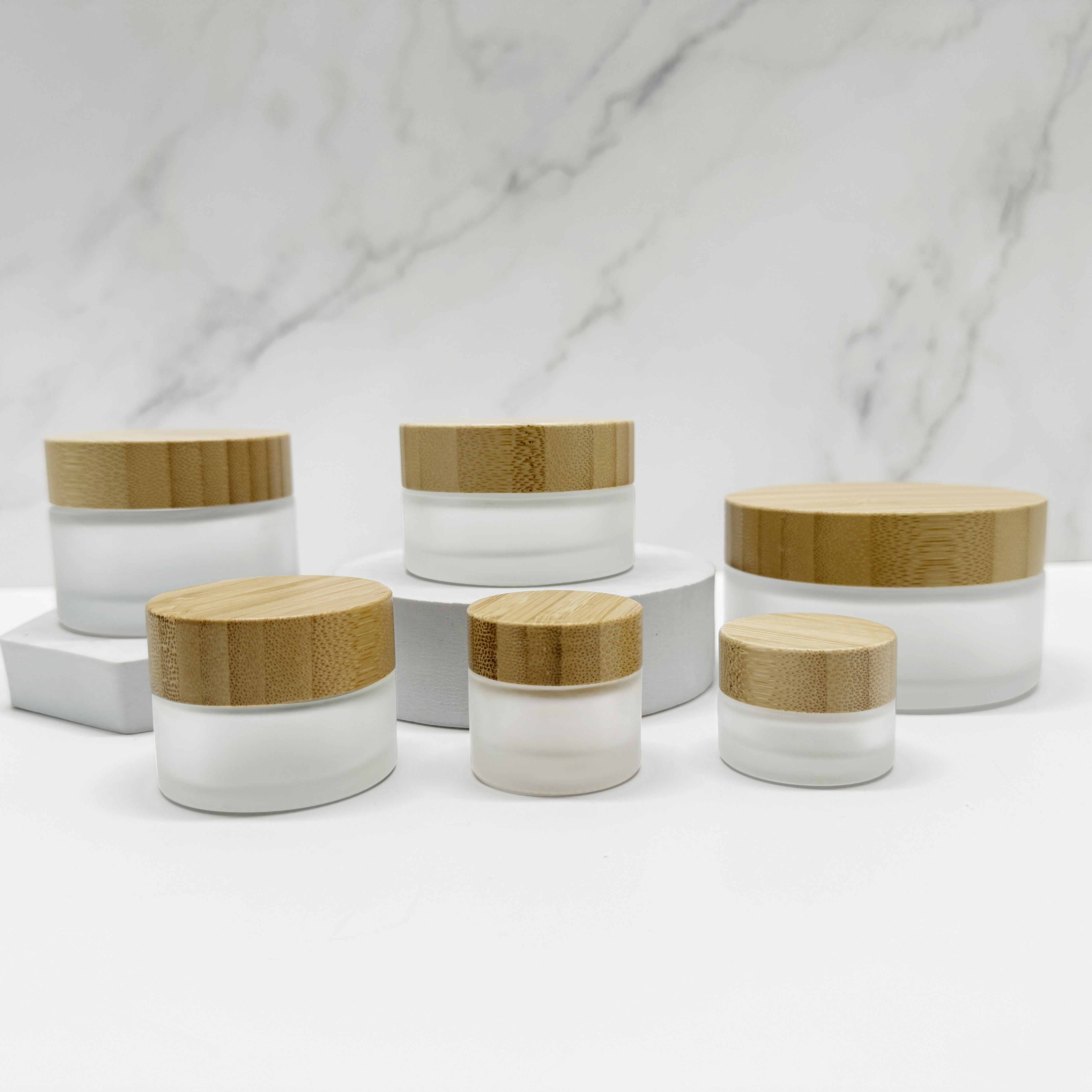 Pump Cosmetic Packaging Set Frosted Glass Spray Bottle With Wood Bamboo Lid Lotion Cosmetic Refillable Containers for Scrub