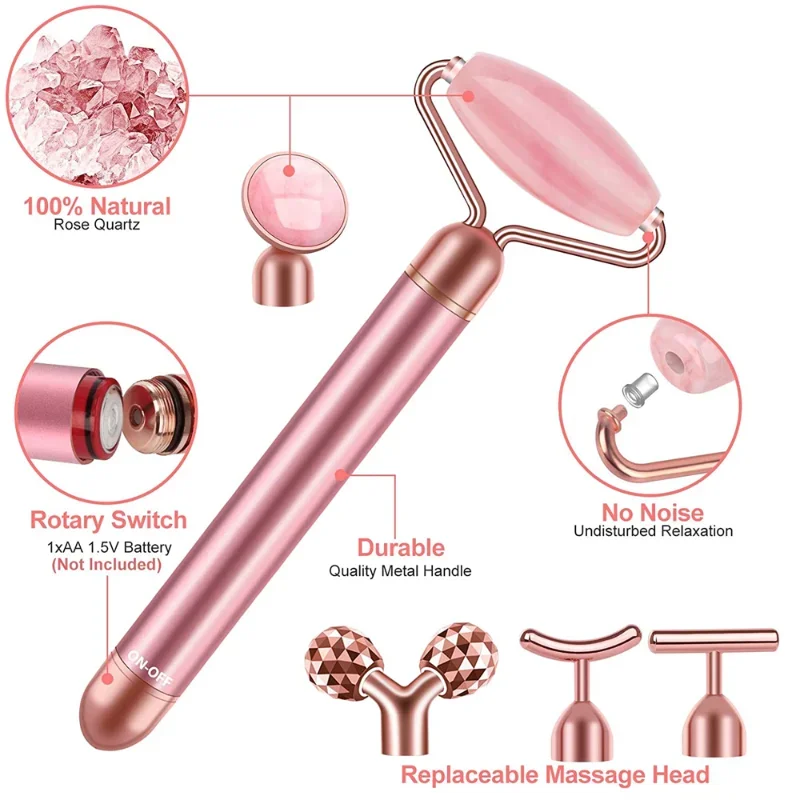 3-In-124K Gold Beauty Stick Electric Face Massager Vibrating Rose Quartz 3D Roller Face Lift Body Face Scratch Jade Roller