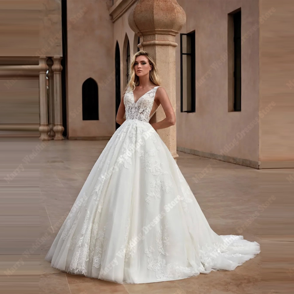 Charming A-Line Wedding Dresses Sexy V-Neck Sleeveless Lace Appliques Princess Bridal Gowns Banquet  Princess 웨딩드레스 Customized