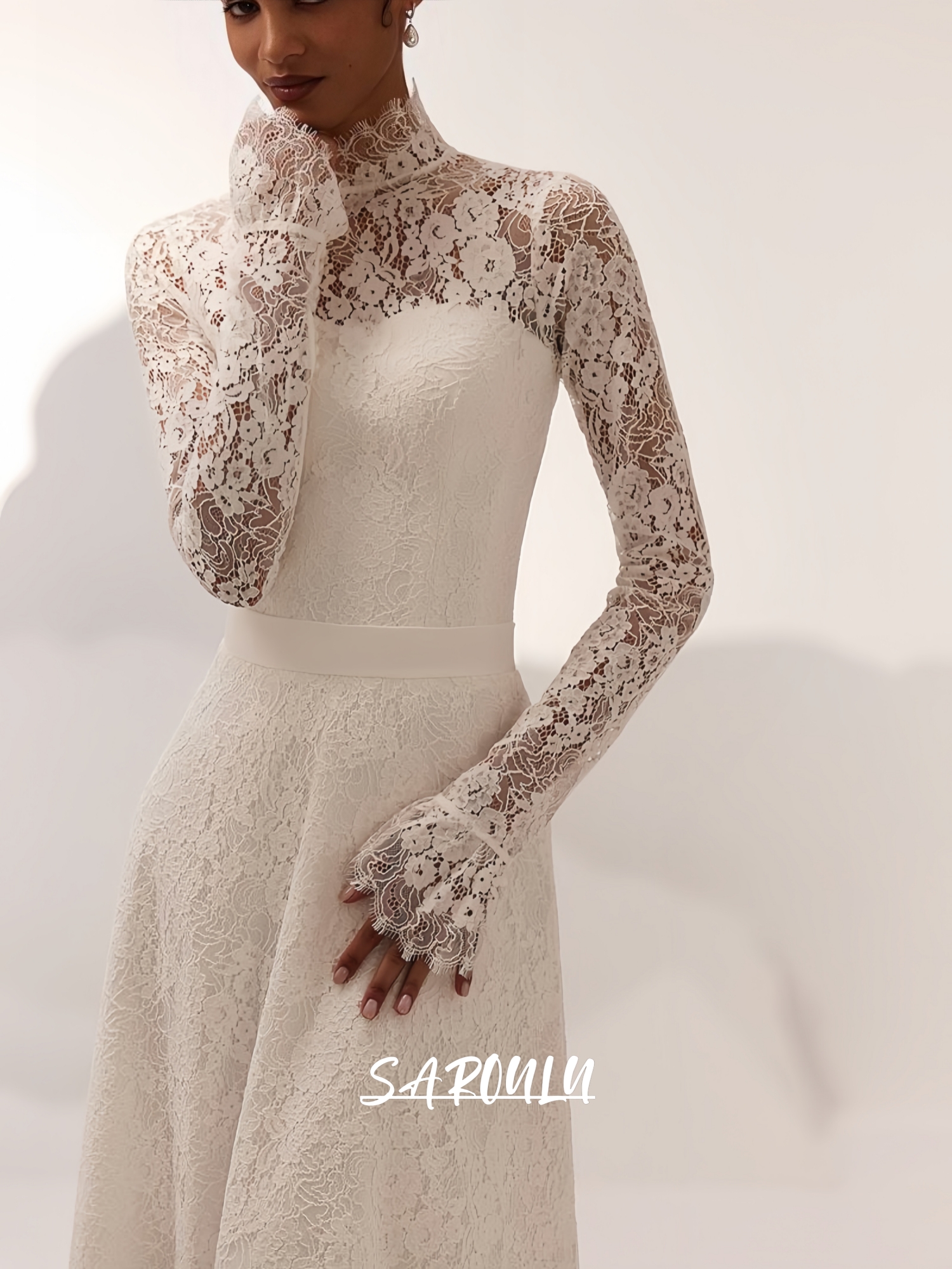 Soft Lace Couture Wedding Dress 3D Flowers Full Illusion Sleeves, Sheath Long Customized Bridal Gown, Romantic Bride Dresses