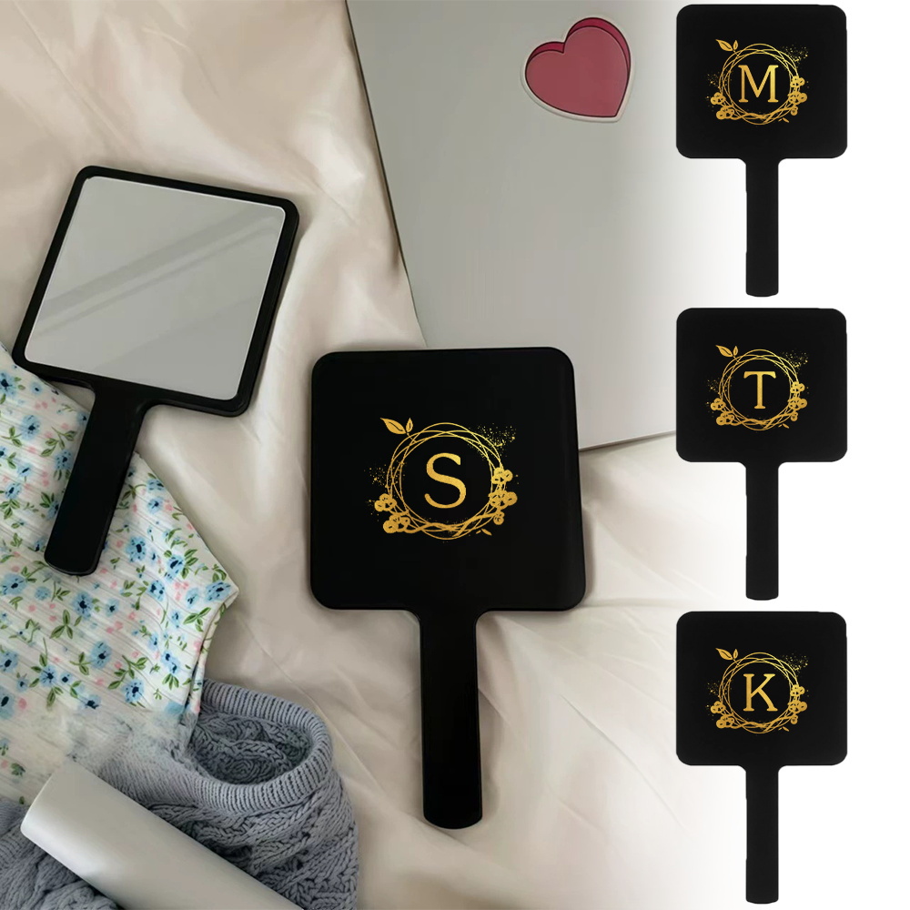 1pc Chic Square Travel Vanity Mirror With Handle Compact Pocket Size Personalized Gift For Women Initial Name 26 Letters Pattern