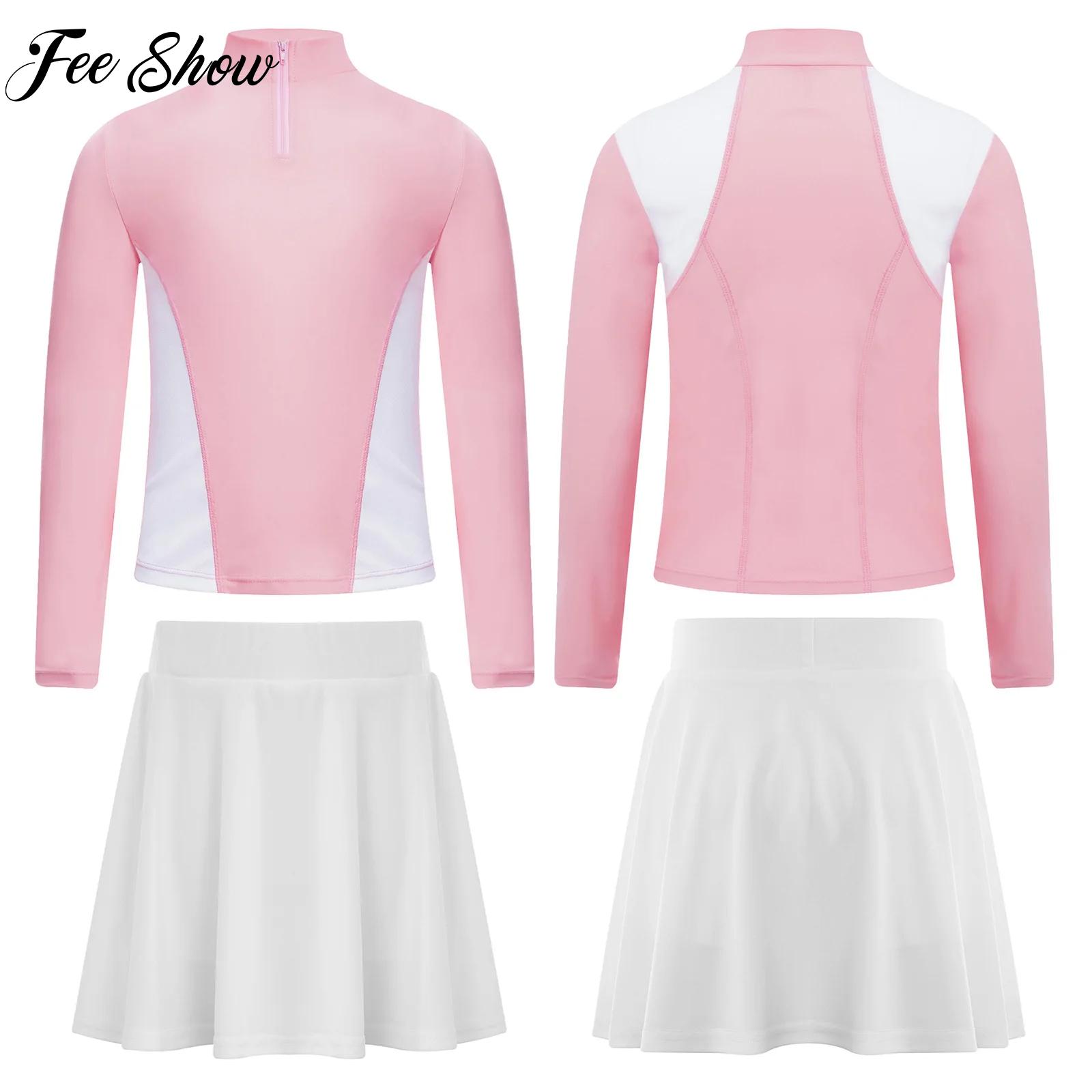 Children's Sports Golf Fashion Outfits Long Sleeves T-shirt+Skirt 2 Pcs Sportswear Yoga Tennis Badminton Training Clothes Suit