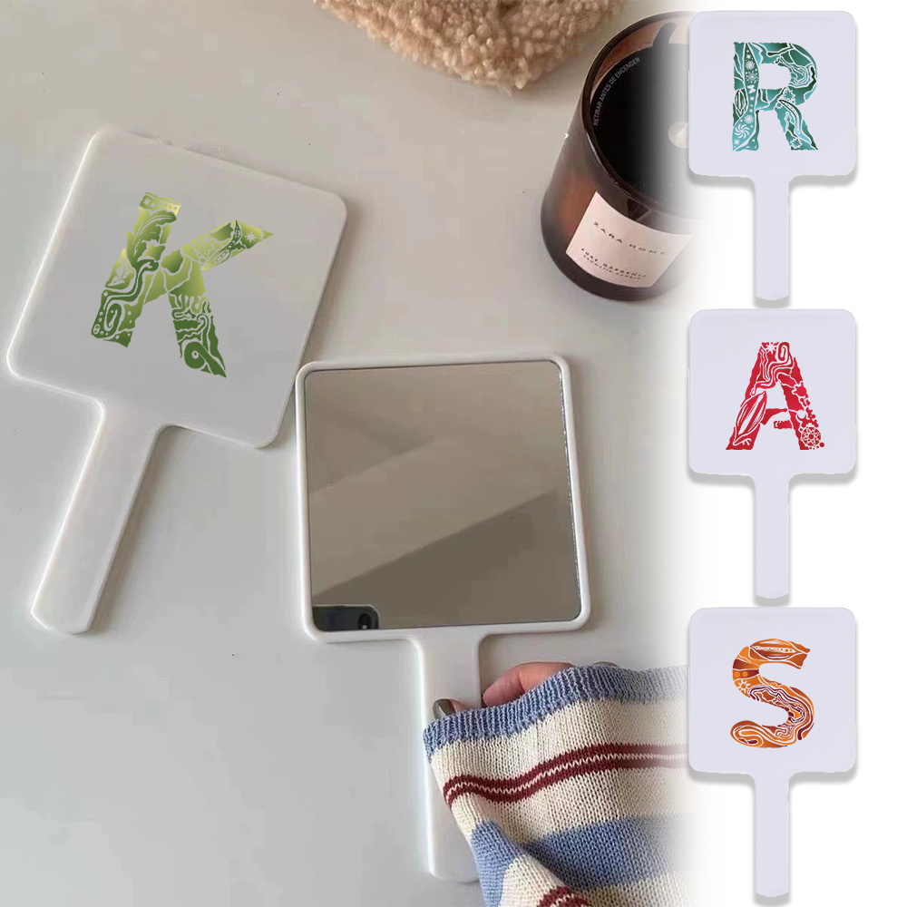 1pc Handheld Square Makeup Mirror With Engrave Image Design Ideal For Travel Cosmetic Accessory Initial Name 26 Letters Pattern