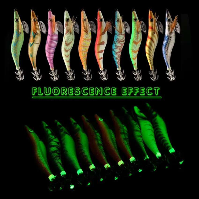 10PCS 3.0# Fishing Wood Shrimp Luminous Squid Octopus Lure 3D Eyes Fishing Lure Hard Bait Wobbler Squid Jig Lure with Bag