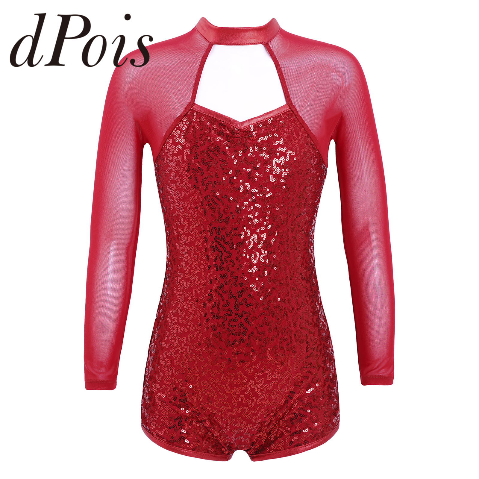 Gymnastic Leotards Kids Girls Mesh Splice Long Sleeve Backless Sparkle Sequins Dance Unitard Leotards Children Dancing Jumpsuit