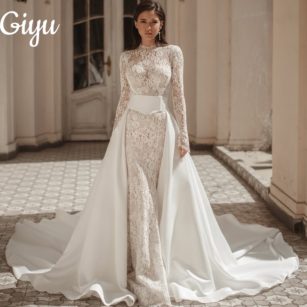 Giyu Exquisite Full Lace Wedding Dresses Satin Detachable Tail Sweep Train Long Sleeve Customized Bridal Gown vestidos de novia