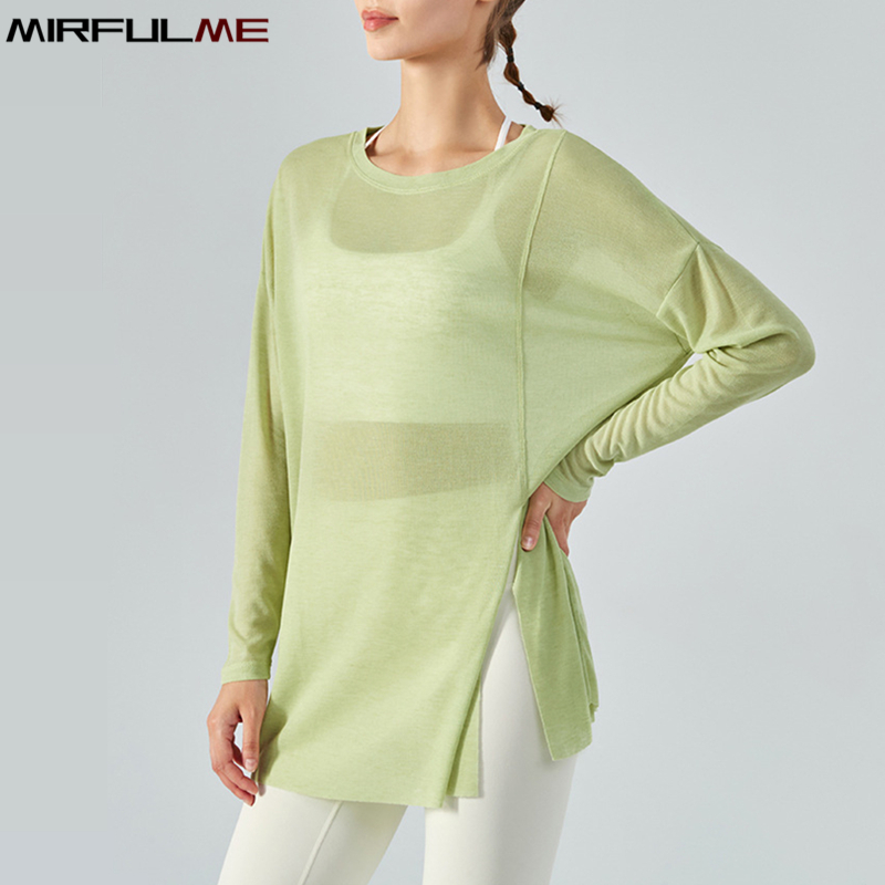 Summer Women Thin Loose Yoga Shirt Long Sleeve Running T-shirt Quick Dry Forked Sport Tops Gym Workout Fitness Top Blouse Female