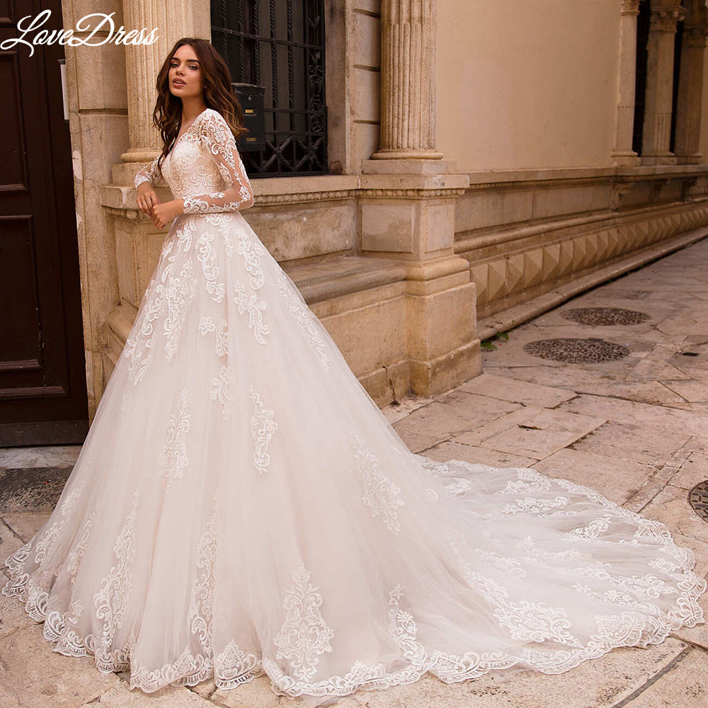 Princess V-Neck Wedding Dress Long Sleeve Lace Up Appliques Ball Gown Luxury Bride Gown Backless Train Robe de mariée Customized