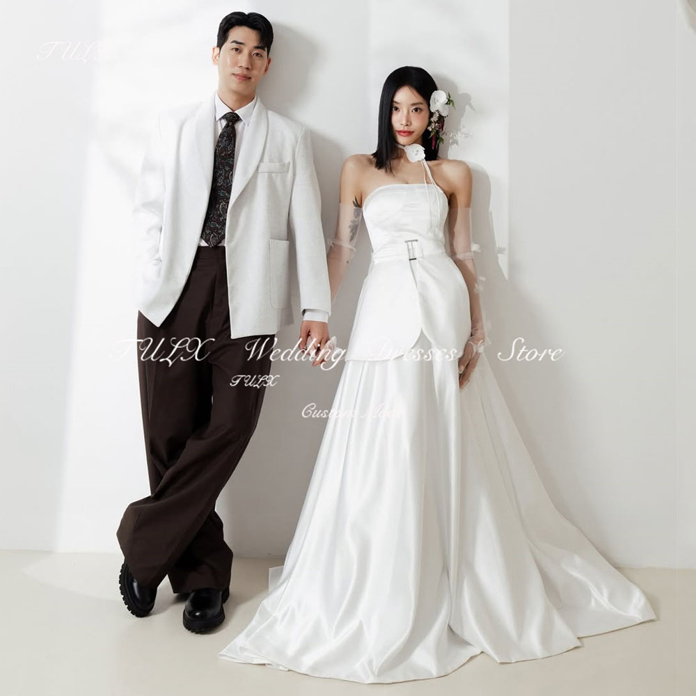 TULX Ivory Satin Wedding Dress Korea Photo Shoot Strapless Tulle Sleeve Corset Bridal Gowns A line Long Tiered 웨딩드레스 Customized